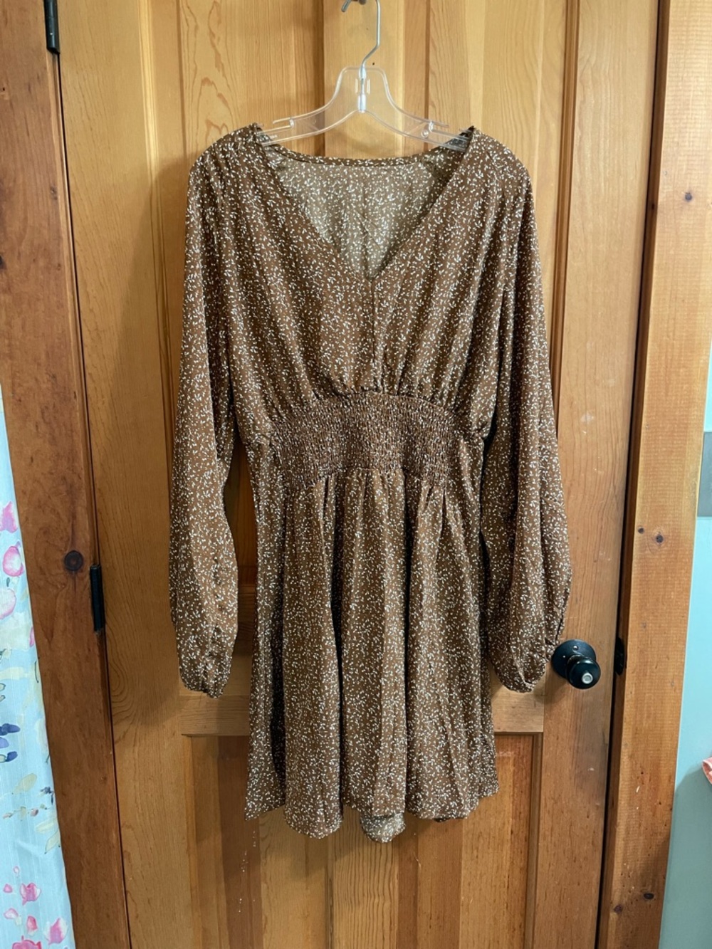 Brown Smocked Waist Long Sleeve Dress - Unbranded